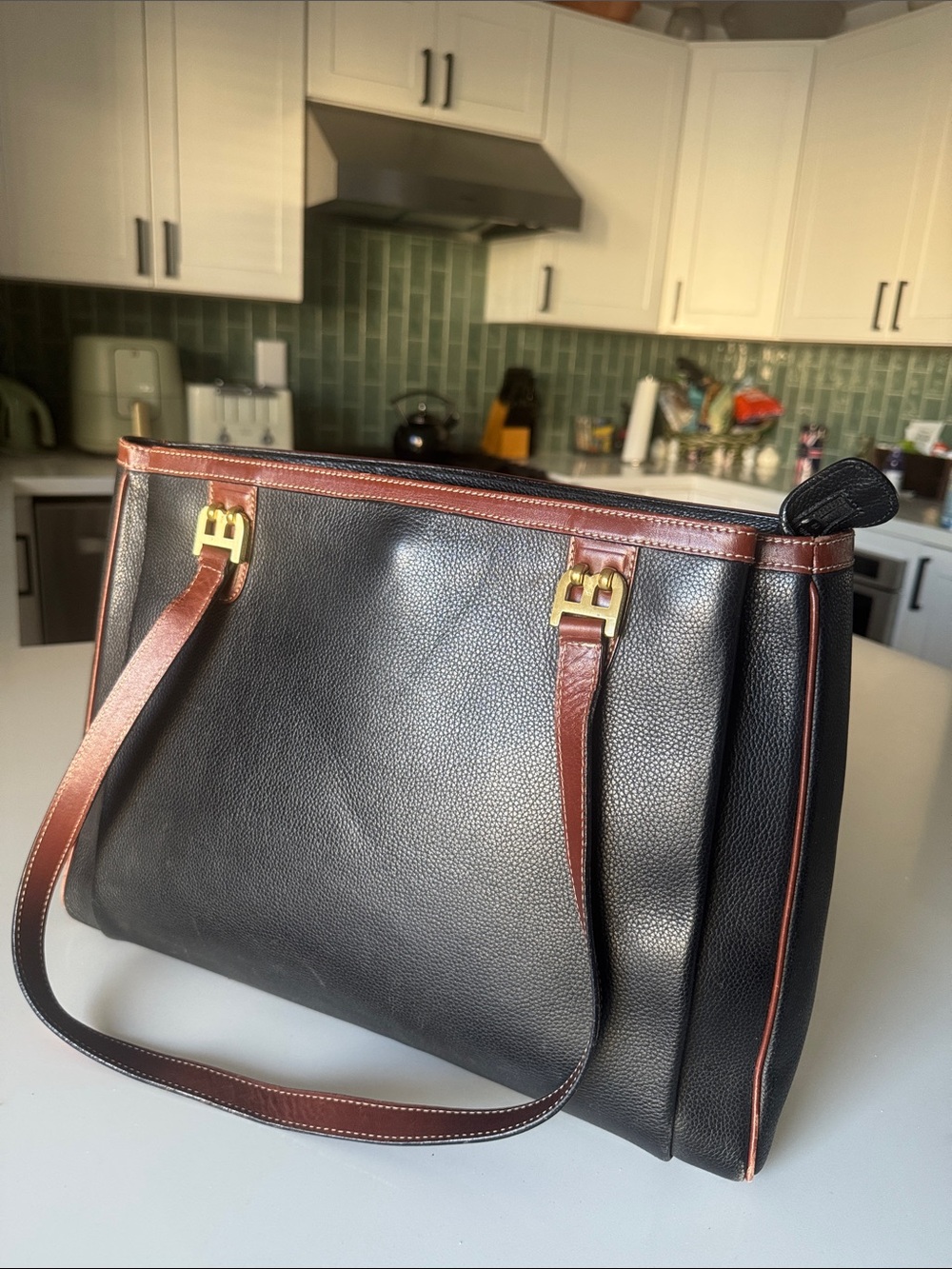 Bally Black Leather Tote with Brown Trim and Gold Hardware